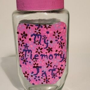Handmade upcycled My memory jar pink purple flowers floral notes trinkets ooak